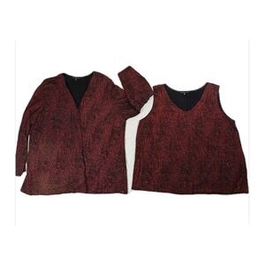 Helene Blake Vtg 90s‎ 2 Piece Set 3XL Red Black Metallic Shimmer Jacket & Blouse